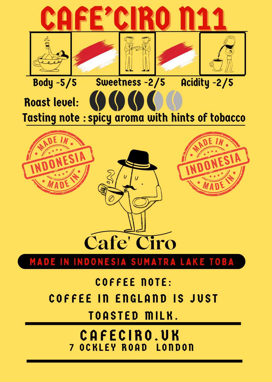 Cafe'Ciro N11-Single Origin Coffees beans -Indonesia Sumatra Lake Toba